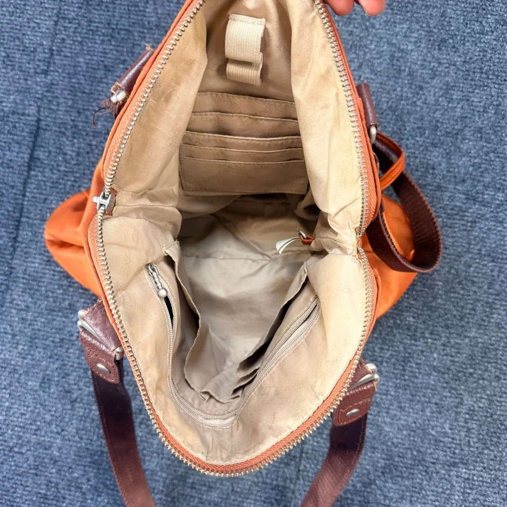 Baggallini Y2K Burnt Orange Nylon Hobo Bag Brown Leather Trim Pleated ManyPocket